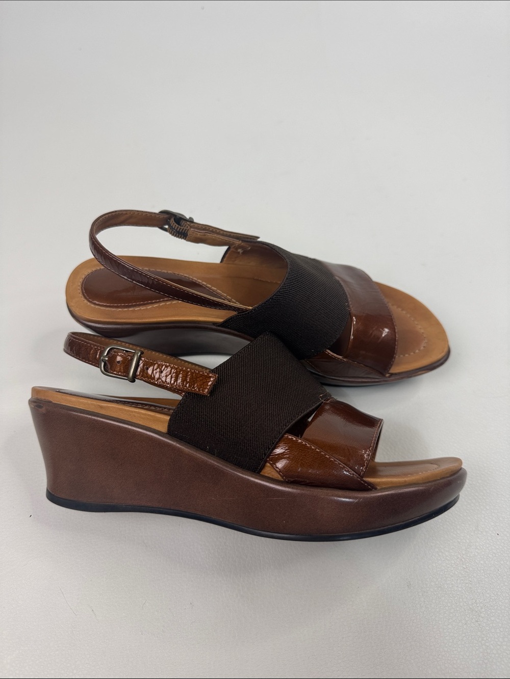 Dansko Brown Tan leather & Fabric Wedge Slingback sandals Size 36 Adjustable